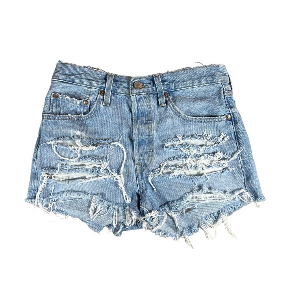 Levi’s 501 Medium Wash Heavily Distressed Denim Cut Off Shorts Size 26